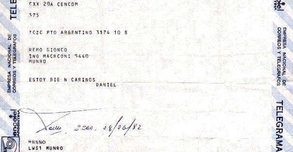 Telegrama enviado desde el Apostadero Naval Malvinas - Fuente: Daniel G. Gionco