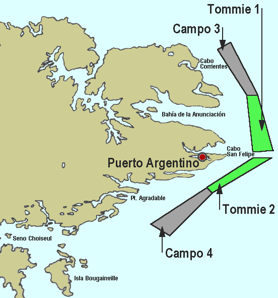 Isla Soledad: Croquis del minado naval sobre las vías de acceso a Puerto Argentino - Fuente: Daniel G. Gionco