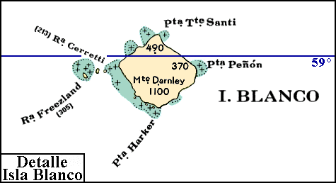 Islas Sandwich del Sur: Mapa de la isla Blanco (Bristol), con la ubicación del monte Darnley y de las rocas Freezland y Cerretti