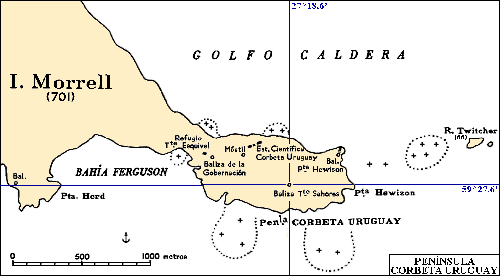 Islas Sandwich del Sur: Mapa de la península Corbeta Uruguay de la isla Morrell, con la bahía Ferguson y la roca Twitcher