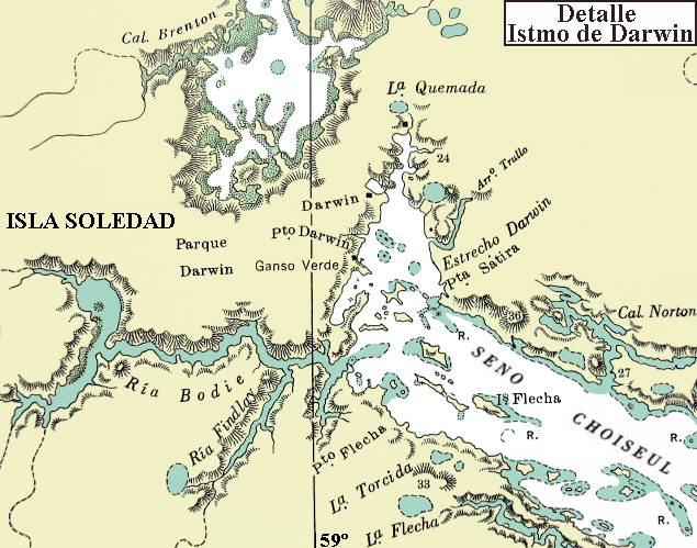 Archipiélago de las Malvinas: Mapa de Darwin y Pradera del Ganso (o Ganso Verde) - Islas Soledad y Flecha