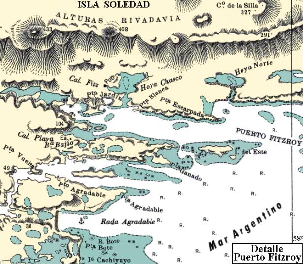 Archipiélago de las Malvinas: Mapa de Puerto Fitzroy, Hoya Chasco (Bluff Cove) y Puerto Agradable - Islas Soledad y del Este