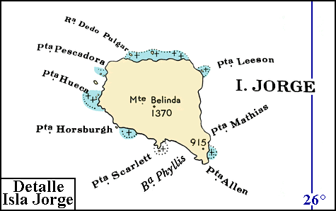 Islas Sandwich del Sur: Mapa de la isla Jorge (Montagu), la más grande y elevada del archipiélago; con la ubicación del monte Belinda y del cerro Franco