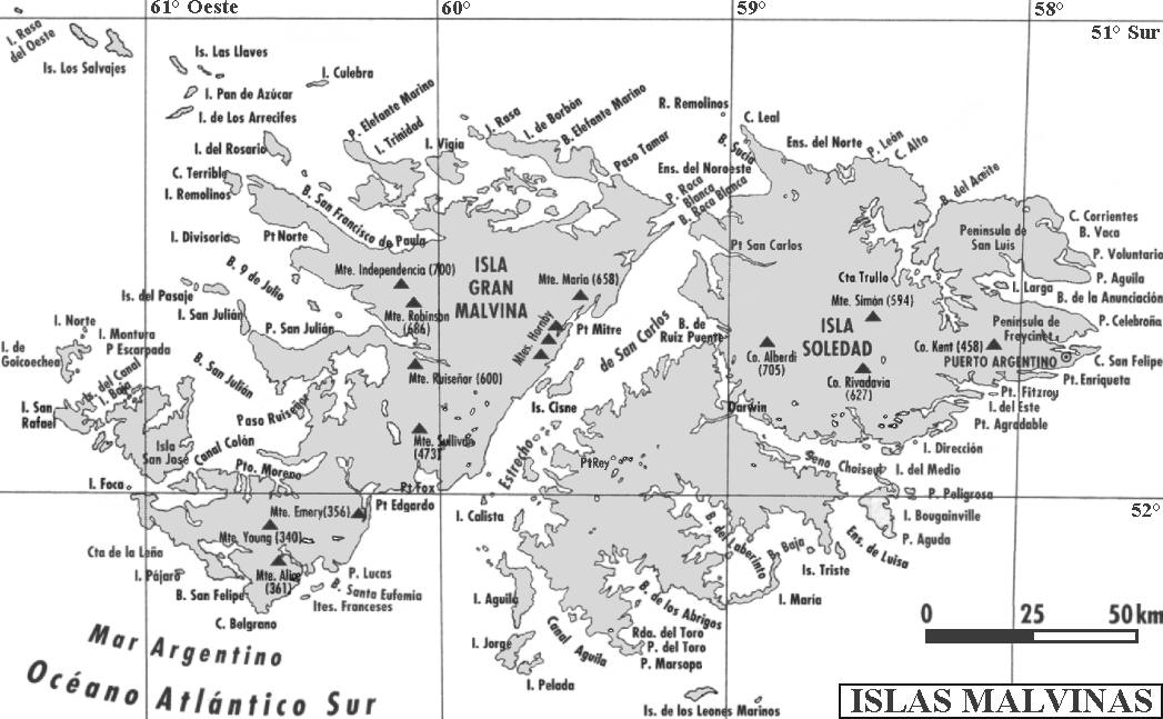 Mapa del archipiélago de las Malvinas -  Islas Gran Malvina, Soledad, San José, Trinidad, de Borbón, Bougainville, Águila, San Rafael y otras (excepto la apartada isla Beauchêne)