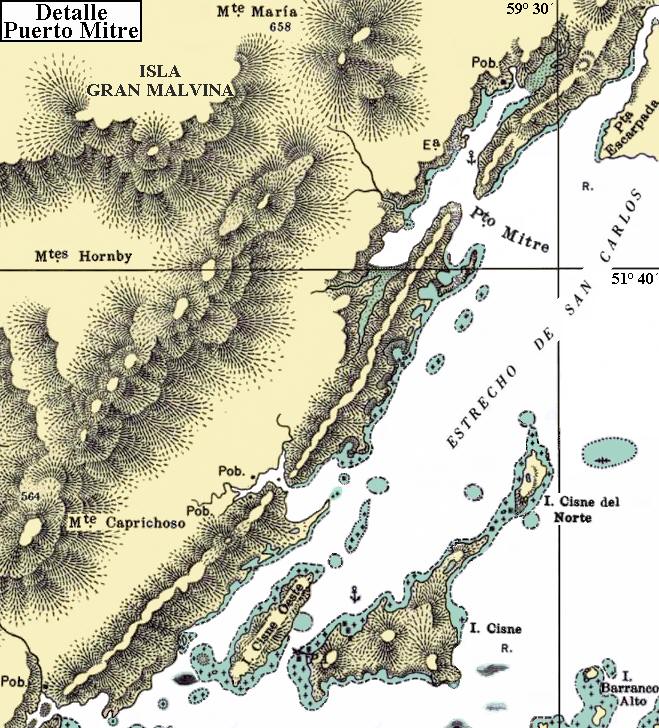 Isla Gran Malvina: Mapa de Puerto Mitre, la costa oriental del estrecho de San Carlos y las islas Cisne, Cisne del Norte, Cisne Oeste y Barranco Alto