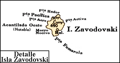 Islas Sandwich del Sur: Mapa de la isla Zavodovski, la más septentrional del archipiélago, con la ubicación de la baliza Guardiamarina Lamas y del monte Curry